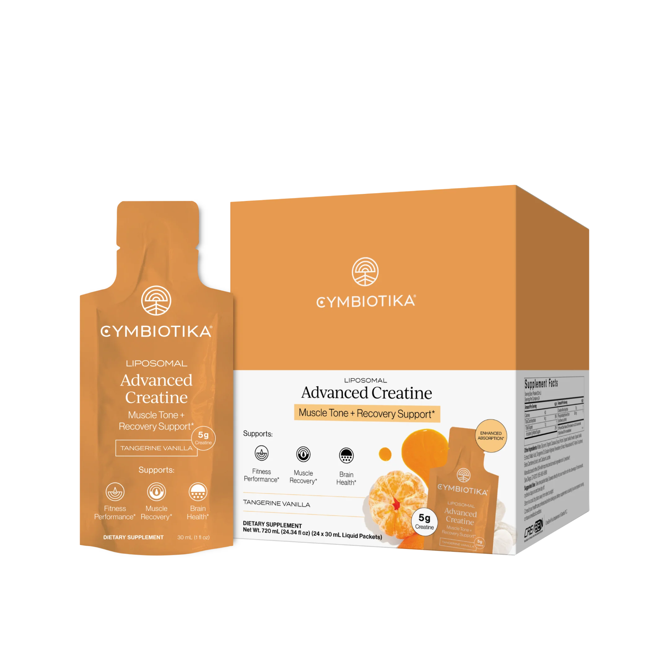 Cymbiotika Advanced Creatine, Tangerine Vanilla – porsjonspose og boks med 24 poser