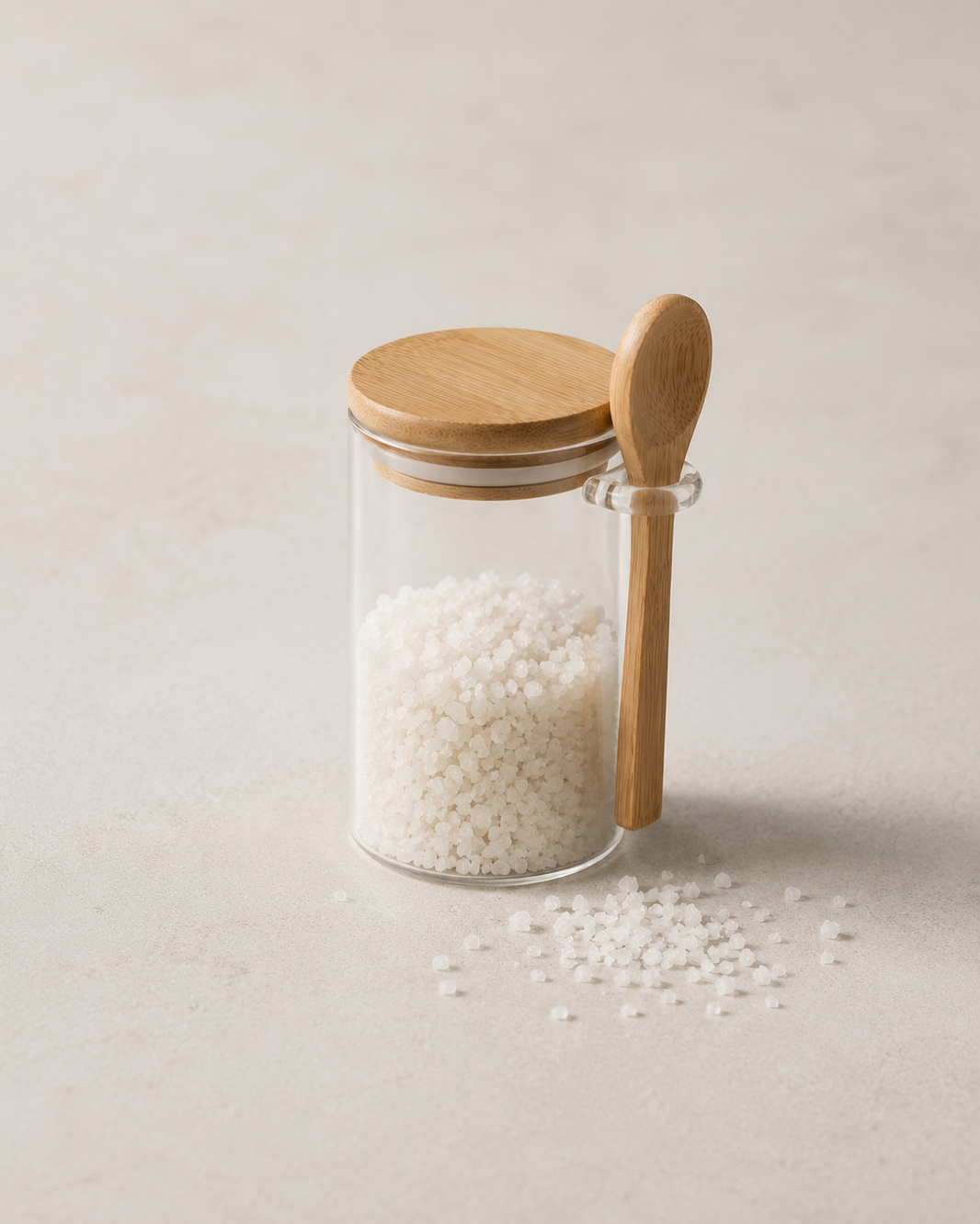 Saltbeholder i glass med bambuslokk og treskje, fylt med keltisk havsalt, fra OPTIFY