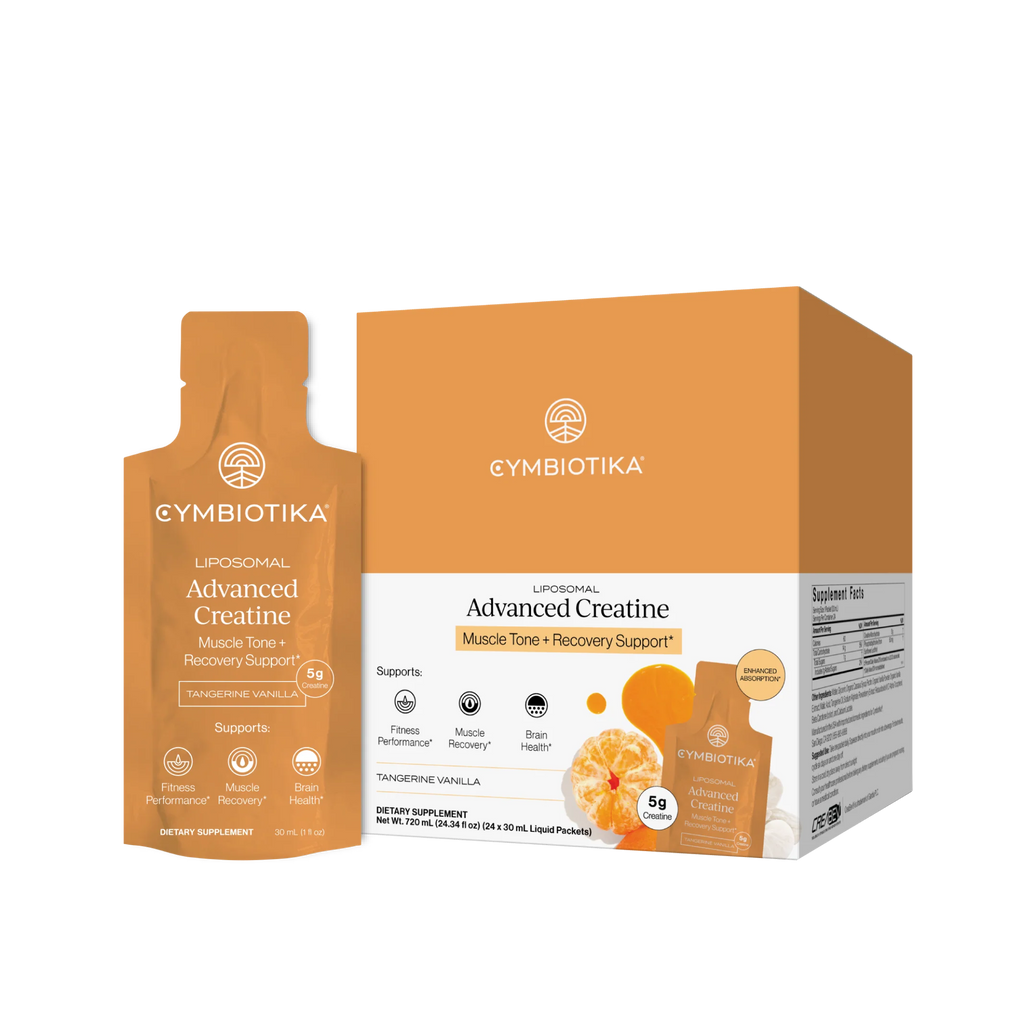 Cymbiotika Advanced Creatine, Tangerine Vanilla – porsjonspose og boks med 24 poser